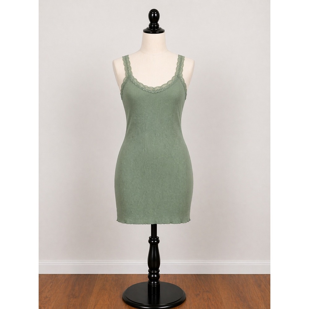 Curvy Sense Green Ribbed Dress 2X Cottagecore Soft Girl Lace Trim Bodycon Mini‎
